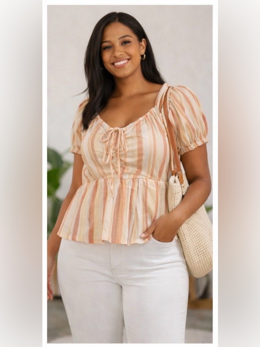 NWT Striped Peplum Tie-Front Blouse in Peach & Cream SIZE: XL